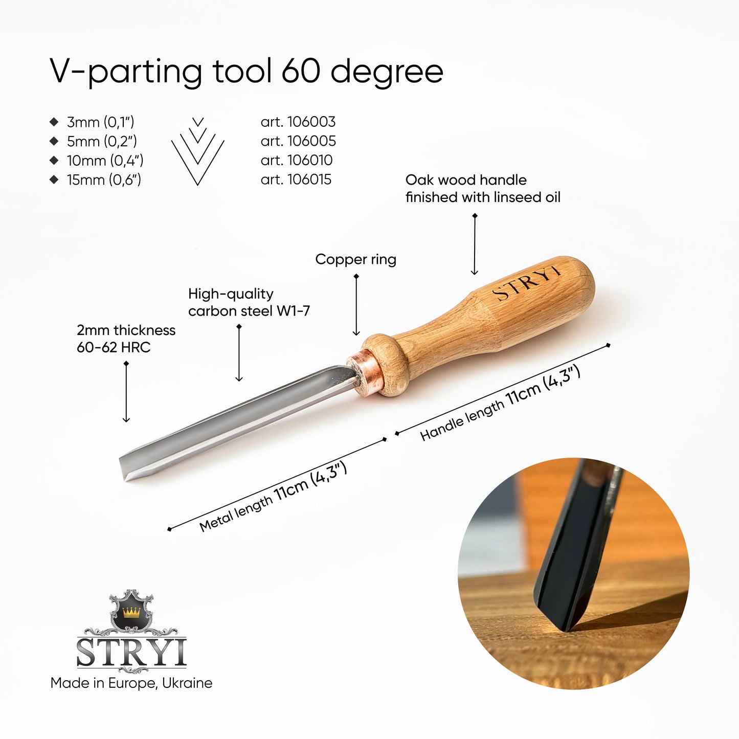 V-parting chisel 60 degrees, Woodcarving gouges STRYI Profi, V-tools, Corner chisels