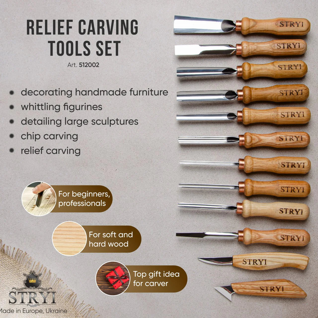 Woodcarving toolset 12pcs STRYI Profi for relief and for chip carving